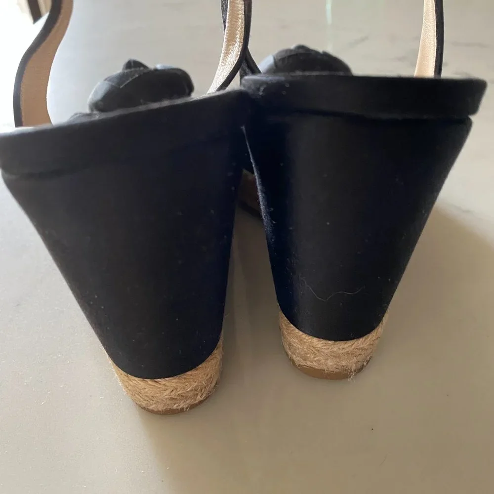 prada satin wedge peep toe espadrilles w/ rosette